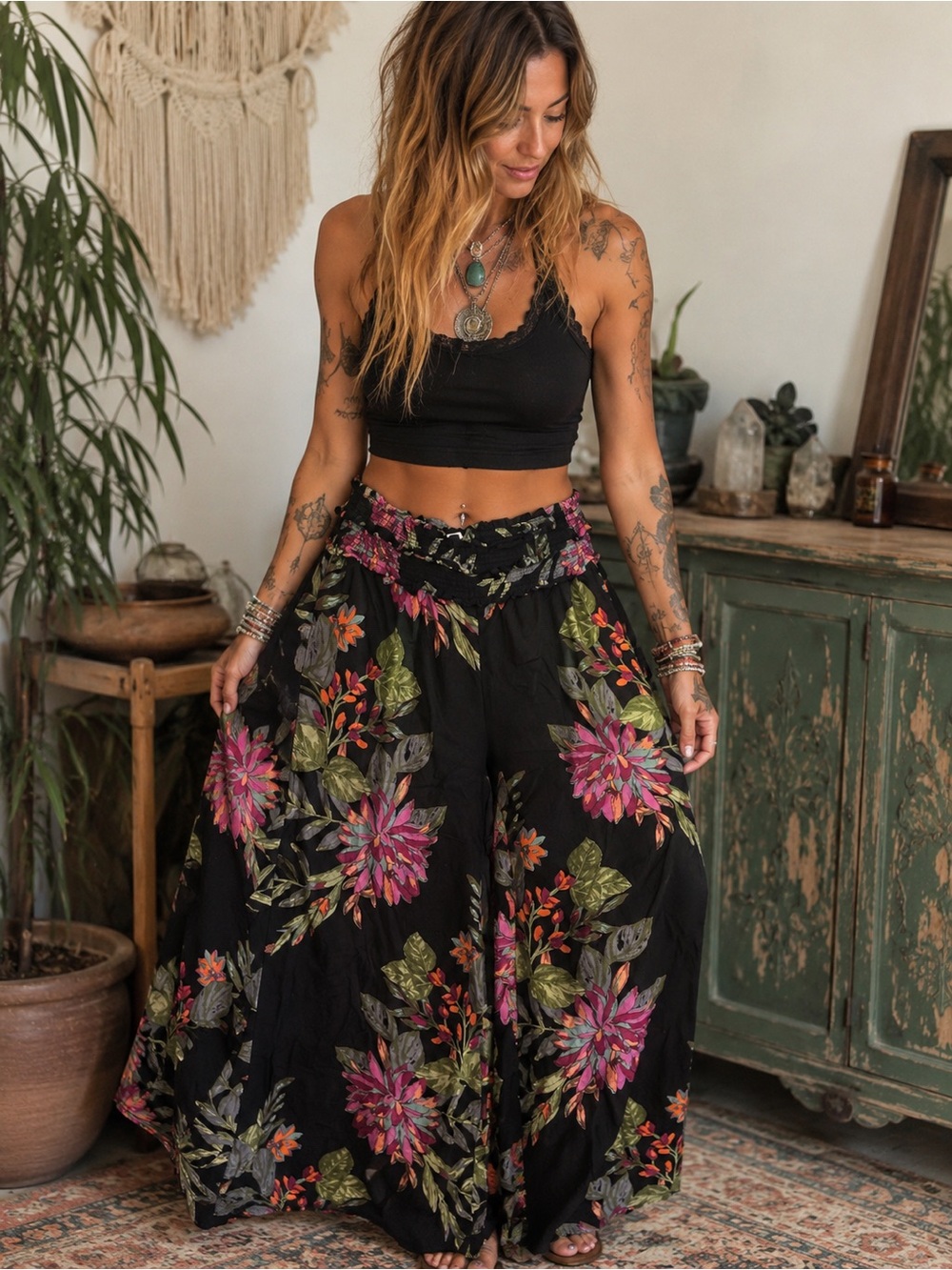 Black Floral Boho Wide-Leg Pants | Patrons of Peace